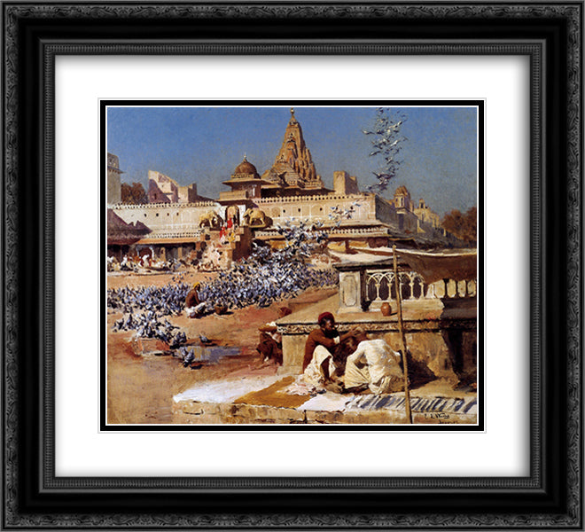 Feeding The Sacred Pigeons, Jaipur 22x20 Black Ornate Wood Framed Art Print Poster with Double Matting by Weeks, Edwin Lord