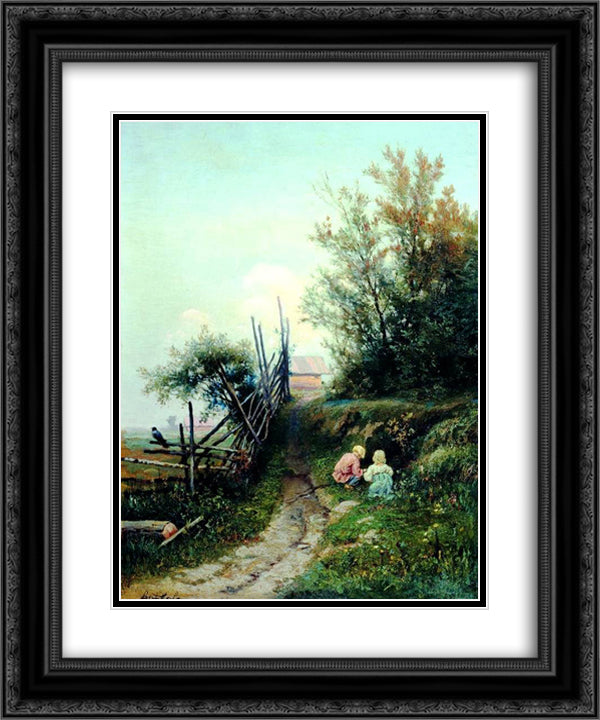 Landscape with the Village Children 20x24 Black Ornate Wood Framed Art Print Poster with Double Matting by Volkov, Efim