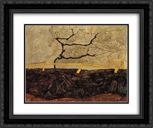Bare Tree behind a Fence 24x20 Black Ornate Wood Framed Art Print Poster with Double Matting by Schiele, Egon