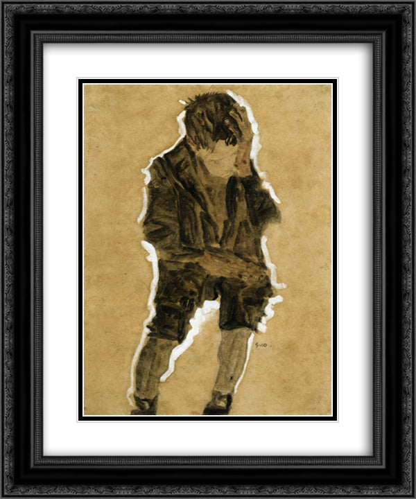 Boy with Hand to Face 20x24 Black Ornate Wood Framed Art Print Poster with Double Matting by Schiele, Egon