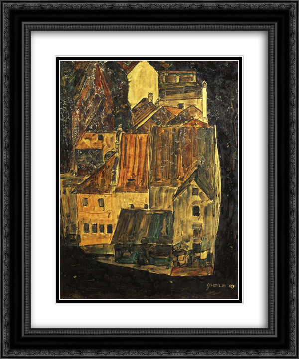 City on the Blue River 20x24 Black Ornate Wood Framed Art Print Poster with Double Matting by Schiele, Egon