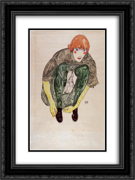 Crouching Figure (Valerie Neuzil) 18x24 Black Ornate Wood Framed Art Print Poster with Double Matting by Schiele, Egon