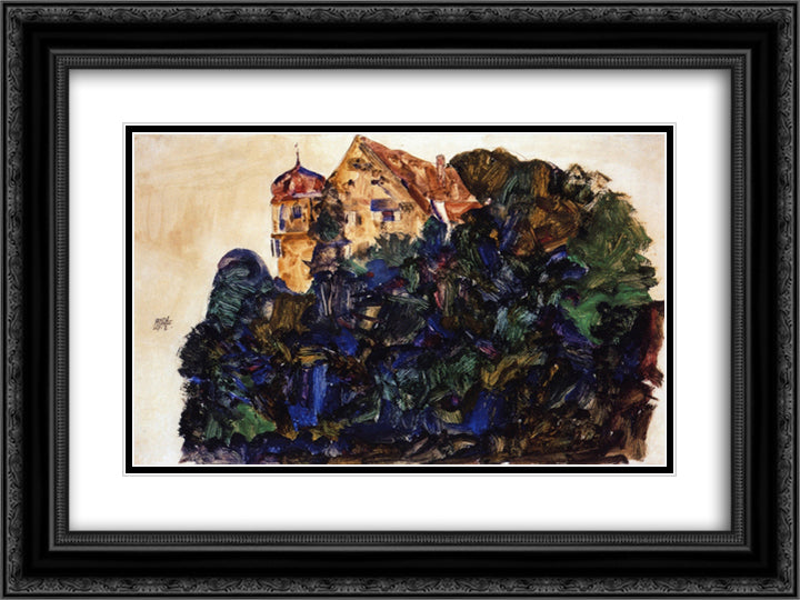 Deuring Castle, Bregenz 24x18 Black Ornate Wood Framed Art Print Poster with Double Matting by Schiele, Egon