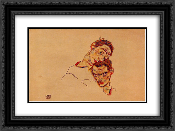 Double Self Portrait 24x18 Black Ornate Wood Framed Art Print Poster with Double Matting by Schiele, Egon