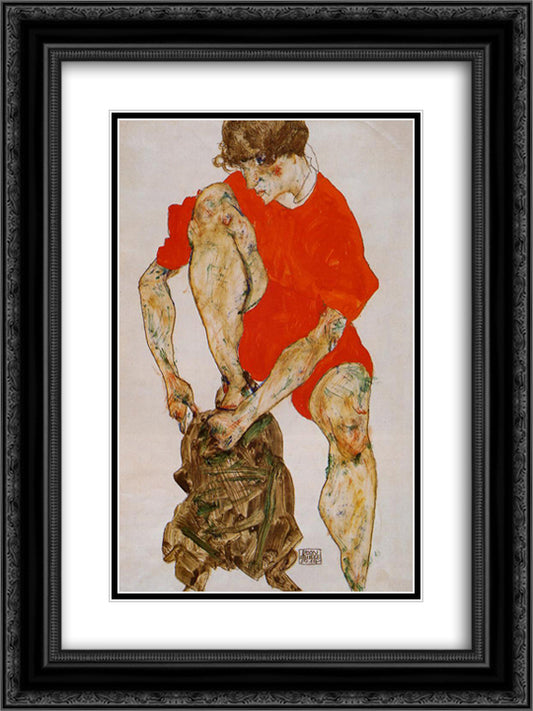 Female Model in Bright Red Jacket and Pants 18x24 Black Ornate Wood Framed Art Print Poster with Double Matting by Schiele, Egon