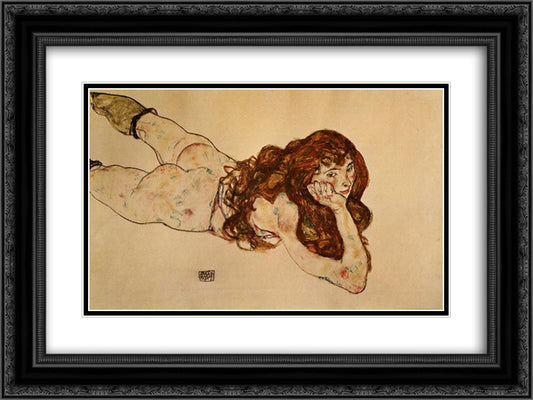 Female Nude Lying on Her Stomach 24x18 Black Ornate Wood Framed Art Print Poster with Double Matting by Schiele, Egon