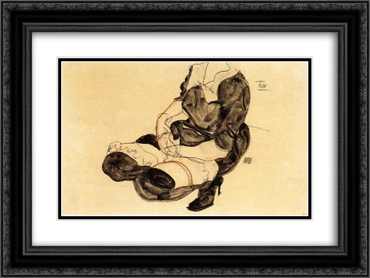 Female Torso, Squatting 24x18 Black Ornate Wood Framed Art Print Poster with Double Matting by Schiele, Egon