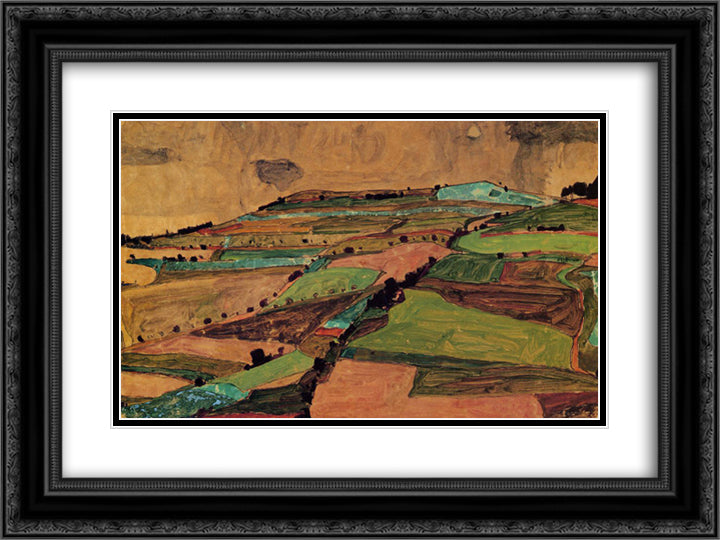 Field Landscape (Kreuzberg near Krumau) 24x18 Black Ornate Wood Framed Art Print Poster with Double Matting by Schiele, Egon