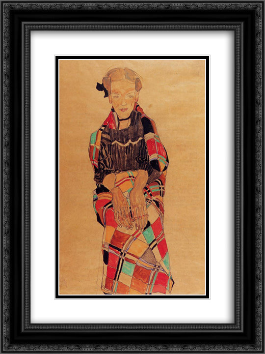 Girl in Black Pinafore, Wrapped in Plaid blanket 18x24 Black Ornate Wood Framed Art Print Poster with Double Matting by Schiele, Egon