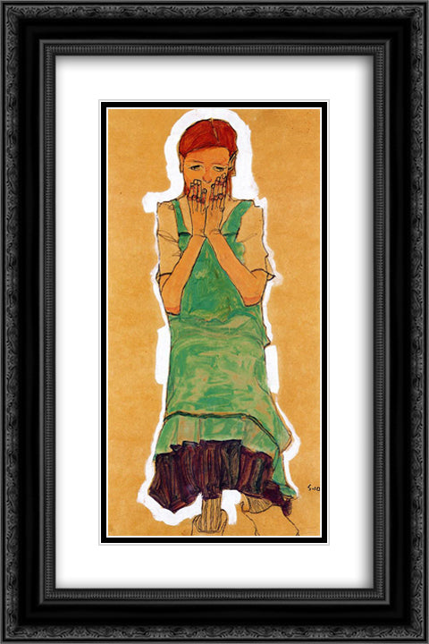 Girl with Green Pinafore 16x24 Black Ornate Wood Framed Art Print Poster with Double Matting by Schiele, Egon