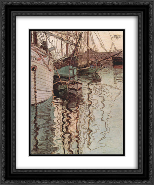 Harbor of Trieste 20x24 Black Ornate Wood Framed Art Print Poster with Double Matting by Schiele, Egon