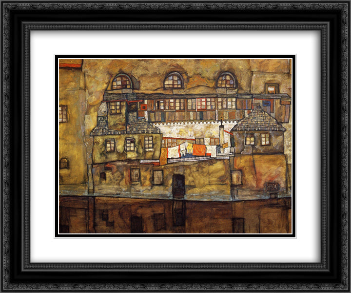 House on a River (Old House I) 24x20 Black Ornate Wood Framed Art Print Poster with Double Matting by Schiele, Egon