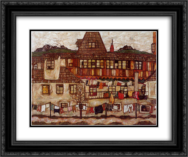 House with Drying Laundry 24x20 Black Ornate Wood Framed Art Print Poster with Double Matting by Schiele, Egon