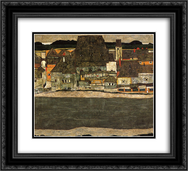 Houses by the River (The Old City) 22x20 Black Ornate Wood Framed Art Print Poster with Double Matting by Schiele, Egon