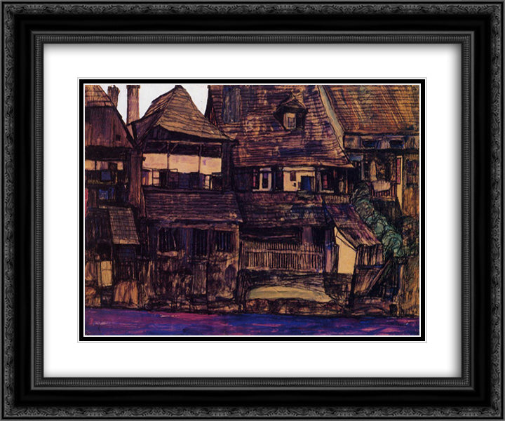 Houses on the Moldau, Krumau 24x20 Black Ornate Wood Framed Art Print Poster with Double Matting by Schiele, Egon