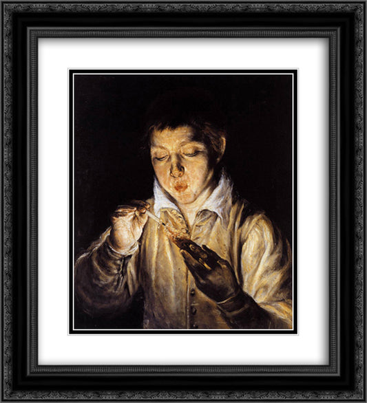 A boy blowing on an ember to light a candle 20x22 Black Ornate Wood Framed Art Print Poster with Double Matting by El Greco