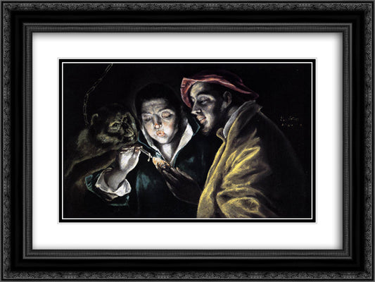 Allegory, boy lighting candle in the company of an ape and a fool - Fabula 24x18 Black Ornate Wood Framed Art Print Poster with Double Matting by El Greco