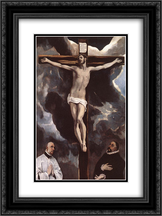 Christ on the cross adored by two donors 18x24 Black Ornate Wood Framed Art Print Poster with Double Matting by El Greco