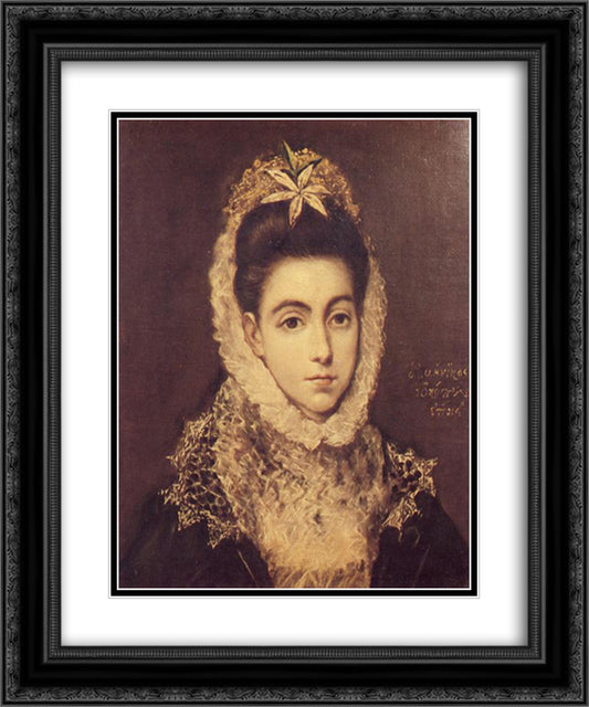 Lady with a Flower in Her Hair 20x24 Black Ornate Wood Framed Art Print Poster with Double Matting by El Greco