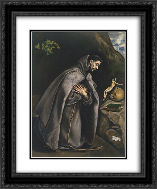 St. Francis praying 20x24 Black Ornate Wood Framed Art Print Poster with Double Matting by El Greco