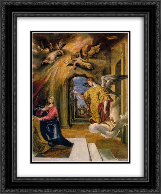 The Annunciation 20x24 Black Ornate Wood Framed Art Print Poster with Double Matting by El Greco