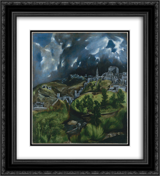 View of Toledo 20x22 Black Ornate Wood Framed Art Print Poster with Double Matting by El Greco