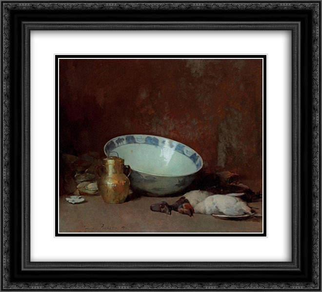 Still Life with Brass Urn 22x20 Black Ornate Wood Framed Art Print Poster with Double Matting by Carlsen, Emil