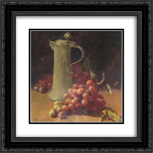 Still life with grapes & pewter flagon 20x20 Black Ornate Wood Framed Art Print Poster with Double Matting by Carlsen, Emil