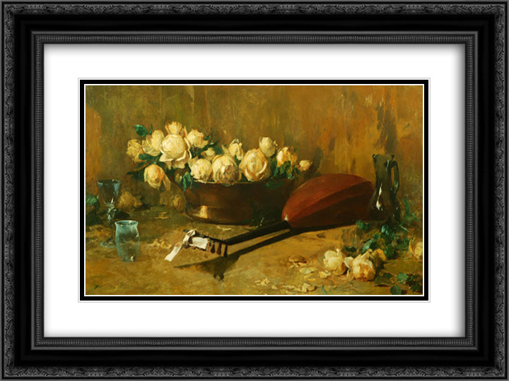 Still Life with Roses and Mandolin 24x18 Black Ornate Wood Framed Art Print Poster with Double Matting by Carlsen, Emil