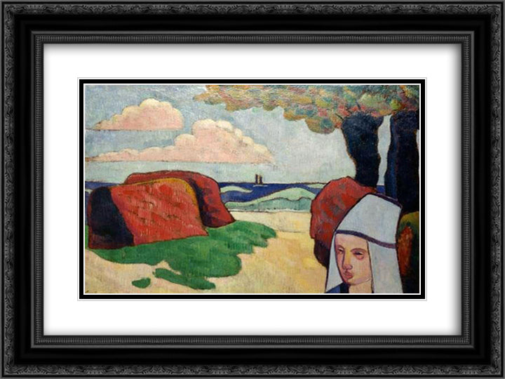 Breton Woman at Haystacks 24x18 Black Ornate Wood Framed Art Print Poster with Double Matting by Bernard, Emile