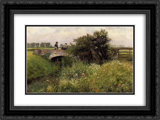 A Meeting on the Bridge 24x18 Black Ornate Wood Framed Art Print Poster with Double Matting by Claus, Emile