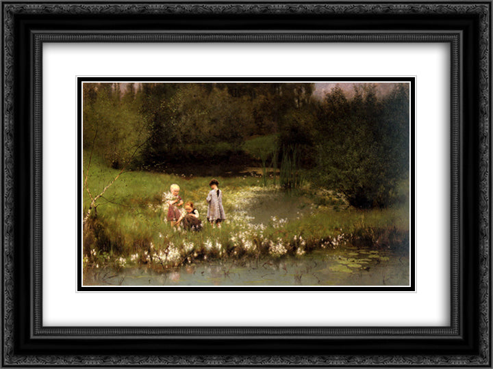 Picking Blossoms 24x18 Black Ornate Wood Framed Art Print Poster with Double Matting by Claus, Emile
