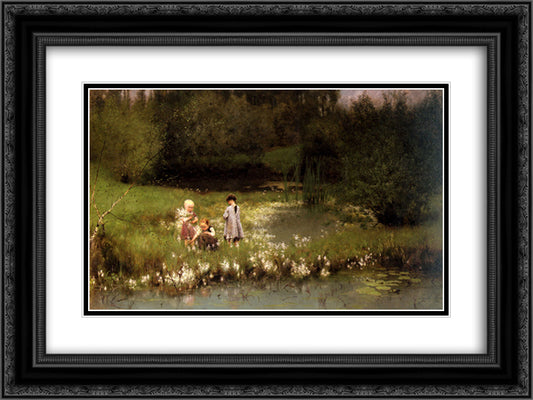 Picking Blossoms 24x18 Black Ornate Wood Framed Art Print Poster with Double Matting by Claus, Emile