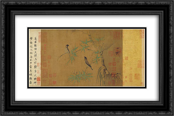 Finches and Bamboo 24x16 Black Ornate Wood Framed Art Print Poster with Double Matting by Huizong, Emperor