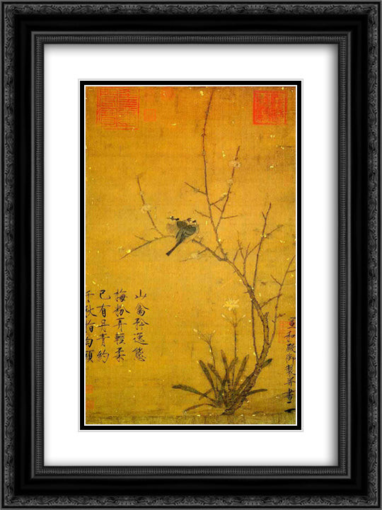 Plum and birds 18x24 Black Ornate Wood Framed Art Print Poster with Double Matting by Huizong, Emperor