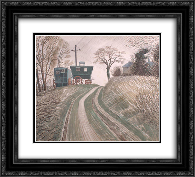 Caravans 22x20 Black Ornate Wood Framed Art Print Poster with Double Matting by Ravilious, Eric