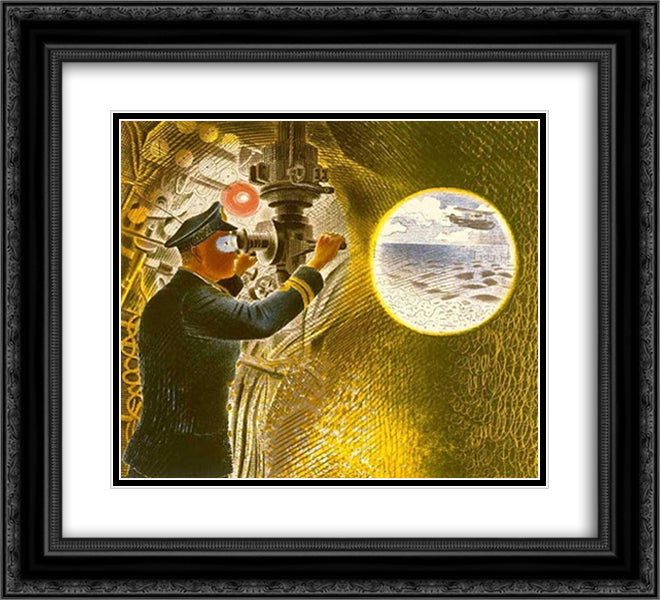 Commander of a submarine looking through a periscope 22x20 Black Ornate Wood Framed Art Print Poster with Double Matting by Ravilious, Eric