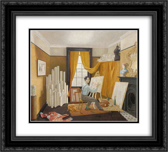 Edward Bawden Working in His Studio 22x20 Black Ornate Wood Framed Art Print Poster with Double Matting by Ravilious, Eric