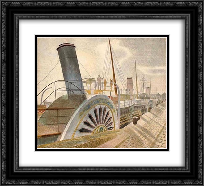 Paddle steamer Britannie - Bristol Quay 22x20 Black Ornate Wood Framed Art Print Poster with Double Matting by Ravilious, Eric