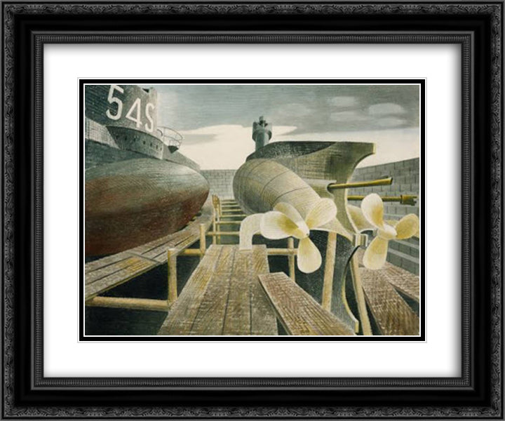 Submarines in dry dock 24x20 Black Ornate Wood Framed Art Print Poster with Double Matting by Ravilious, Eric