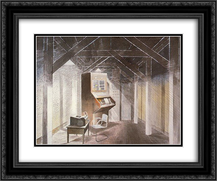 The Teleprinter Room 24x20 Black Ornate Wood Framed Art Print Poster with Double Matting by Ravilious, Eric