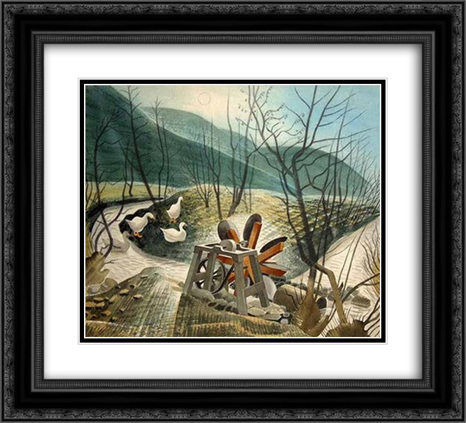The Water Wheel 22x20 Black Ornate Wood Framed Art Print Poster with Double Matting by Ravilious, Eric