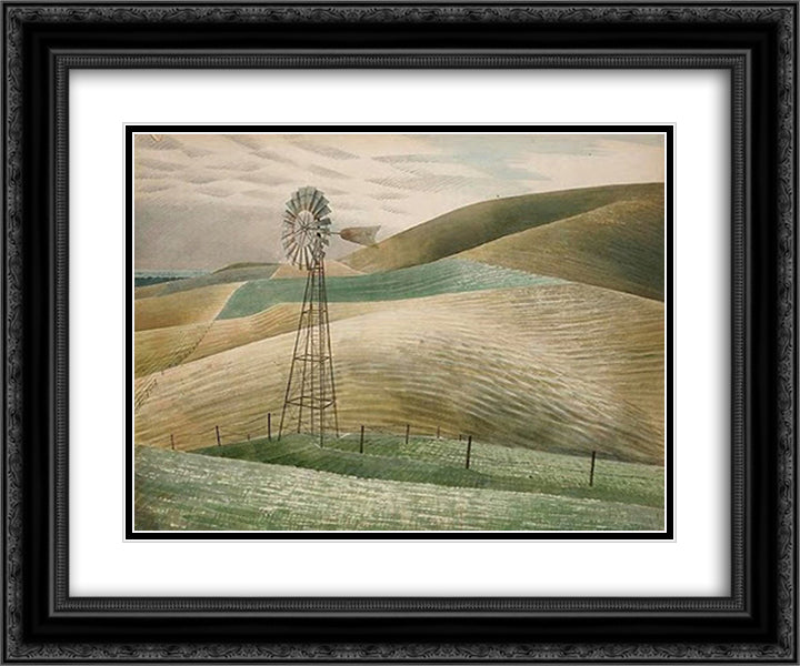 Windmill 24x20 Black Ornate Wood Framed Art Print Poster with Double Matting by Ravilious, Eric