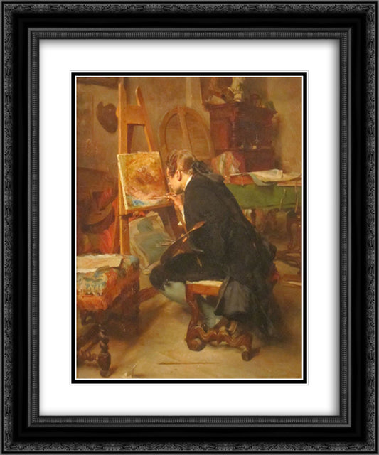 A Painter 20x24 Black Ornate Wood Framed Art Print Poster with Double Matting by Meissonier, Ernest