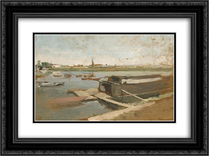 Bords de la Seine a Poissy 24x18 Black Ornate Wood Framed Art Print Poster with Double Matting by Meissonier, Ernest