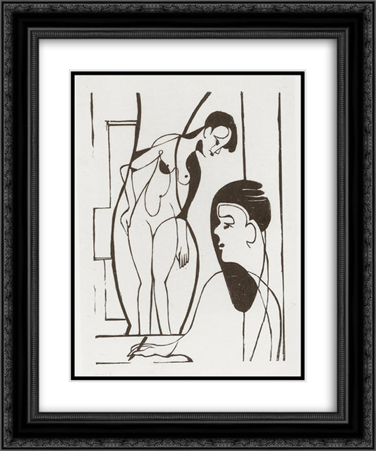 Artist and Female Modell 20x24 Black Ornate Wood Framed Art Print Poster with Double Matting by Kirchner, Ernst Ludwig