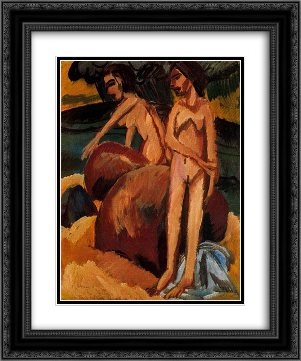 Bathers at Sea 20x24 Black Ornate Wood Framed Art Print Poster with Double Matting by Kirchner, Ernst Ludwig