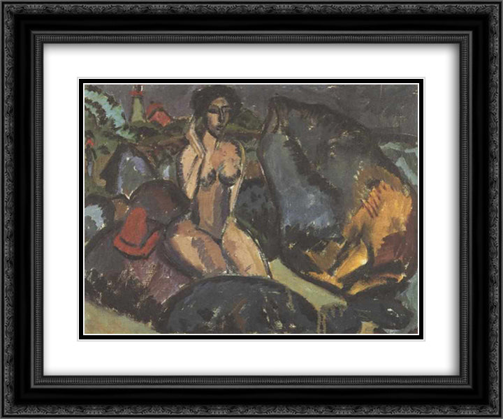 Bathing Woman between Rocks 24x20 Black Ornate Wood Framed Art Print Poster with Double Matting by Kirchner, Ernst Ludwig