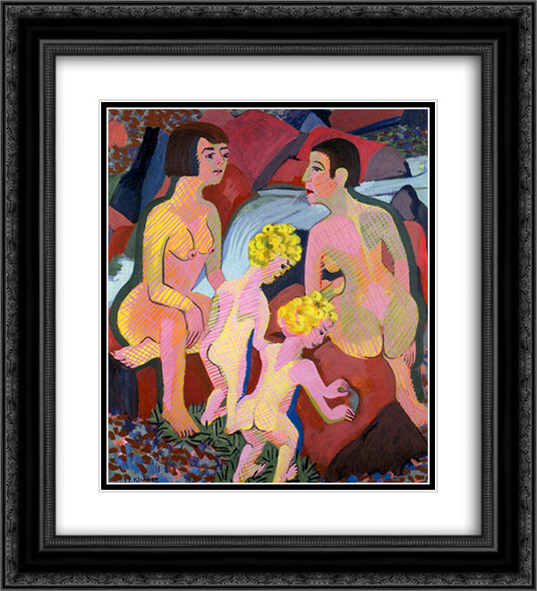 Bathing Women and Children 20x22 Black Ornate Wood Framed Art Print Poster with Double Matting by Kirchner, Ernst Ludwig