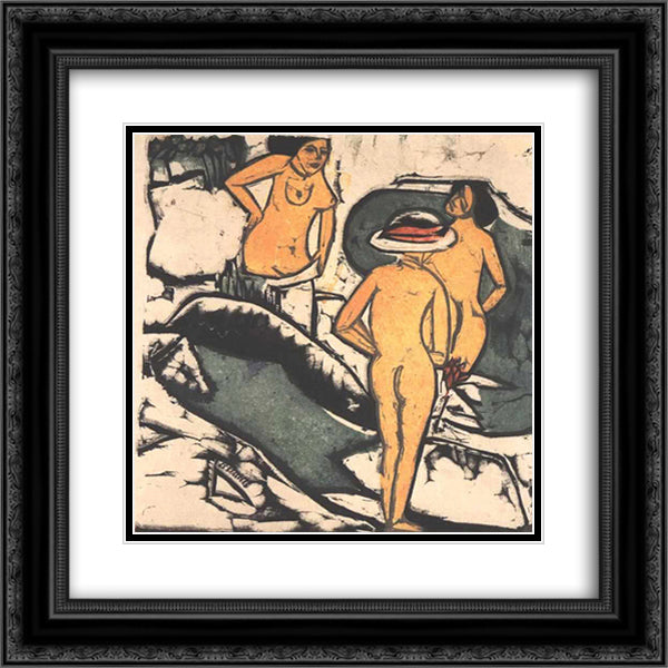 Bathing Women between White Rocks 20x20 Black Ornate Wood Framed Art Print Poster with Double Matting by Kirchner, Ernst Ludwig